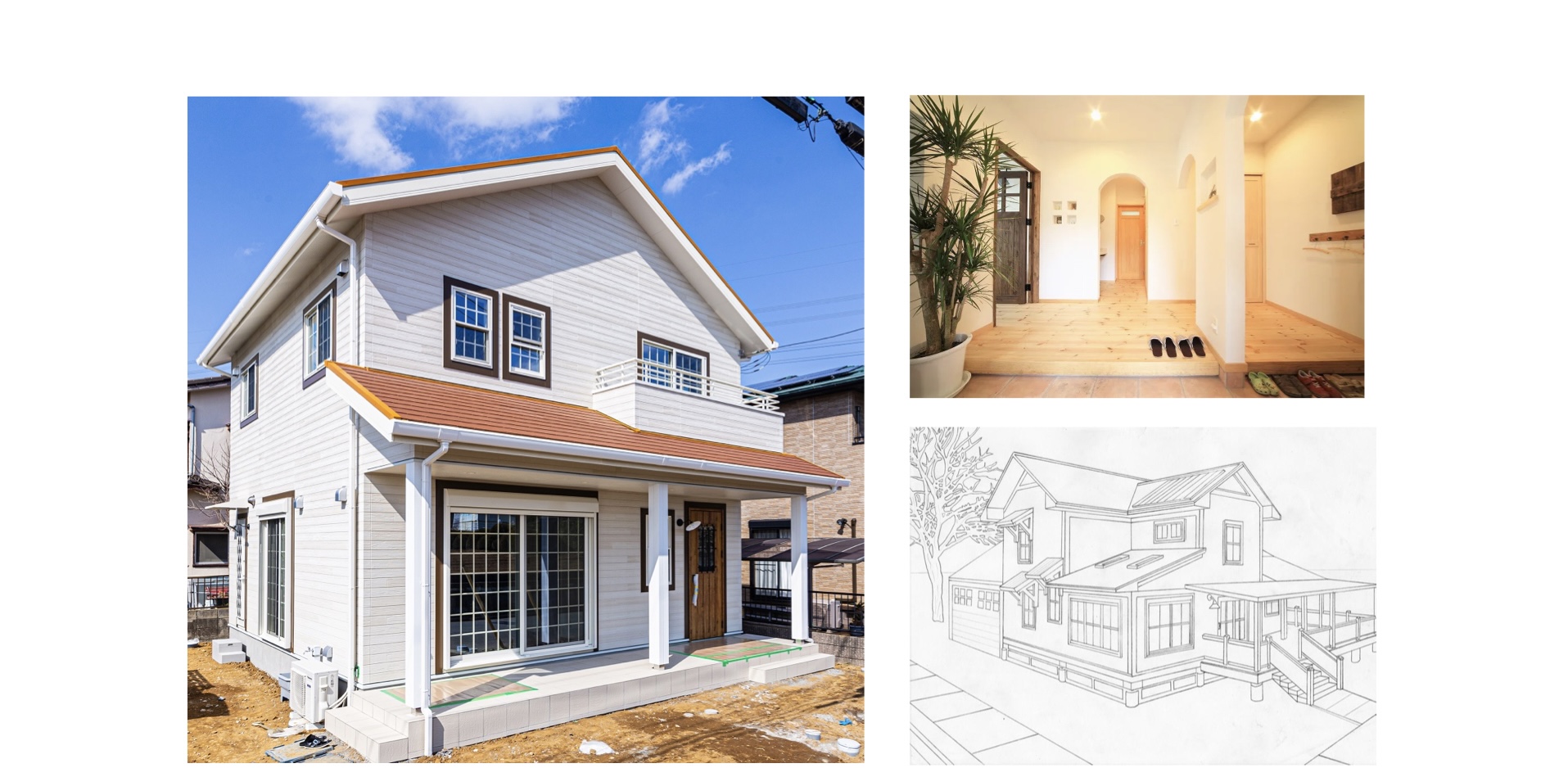 An image showing a photo of the exterior of the house, a photo of the interior, and a perspective drawing. This shows that a rendering of the completed house is not enough.